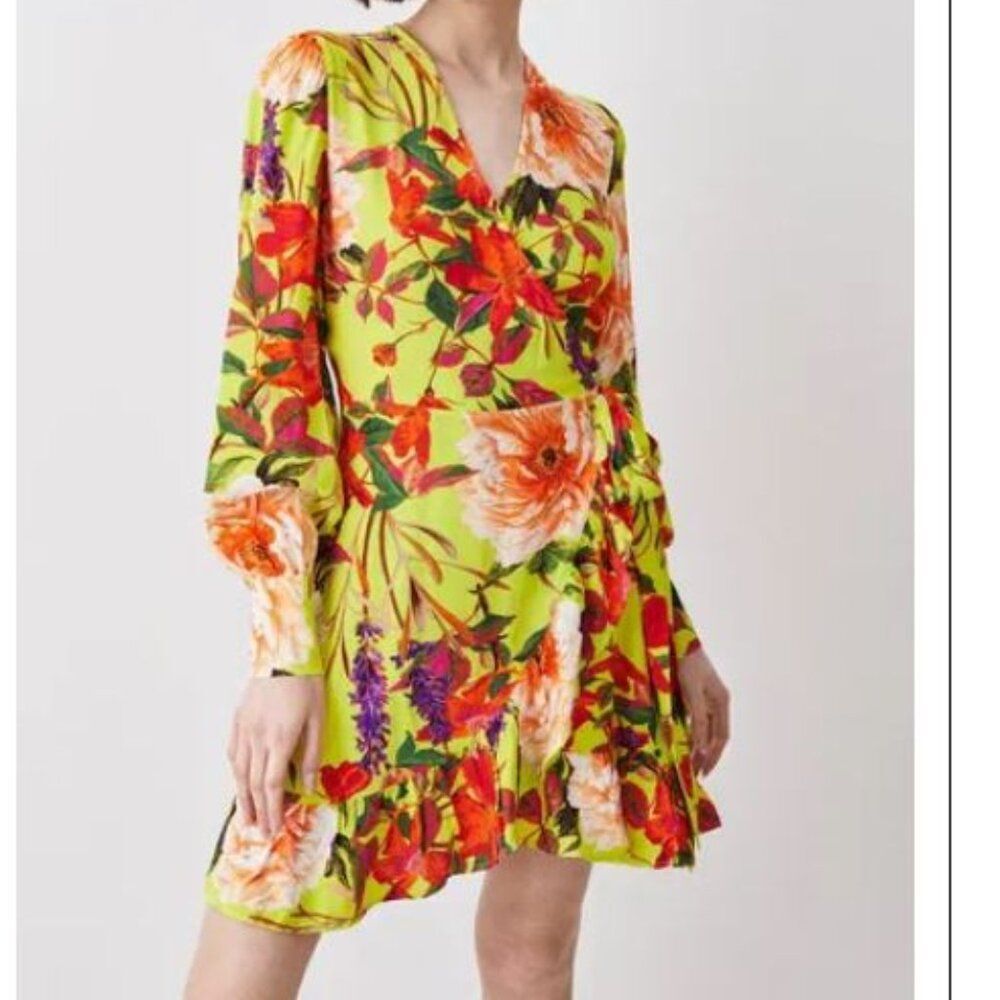 KAREN MILLEN Wrap Dress Summer Botanical NWT Sz 2 Feminine Elegant
